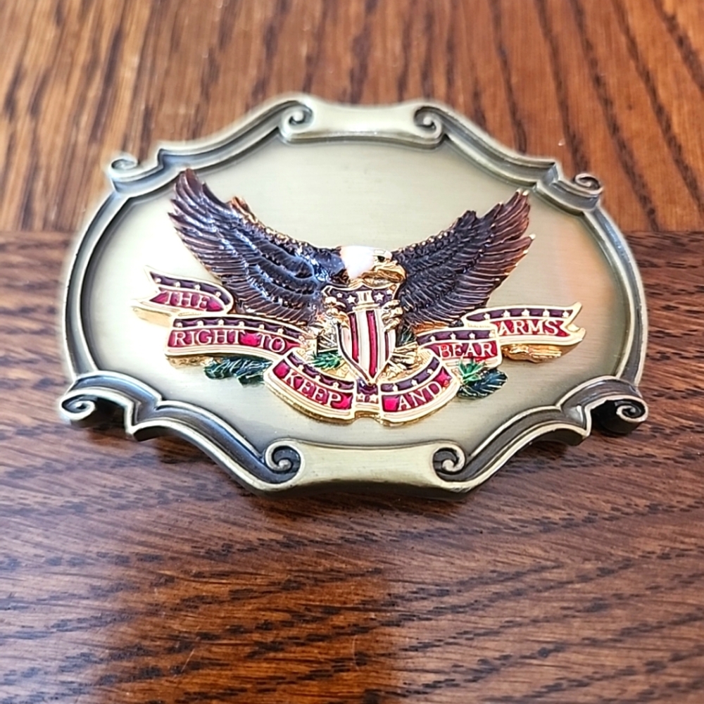 Belt Buckle 1970's RAINTREE Solid Brass THE RIGHT TO KEEP & BEAR ARMS Eagle 1978